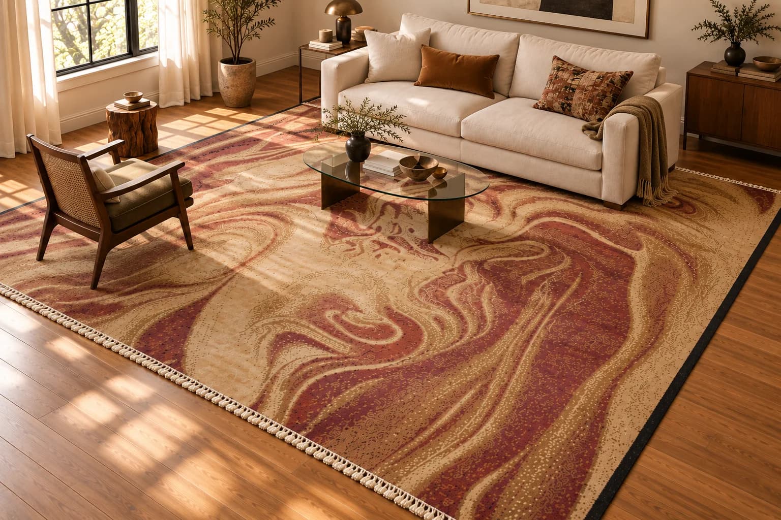 A Shallymar rug in rust and gold in a living room