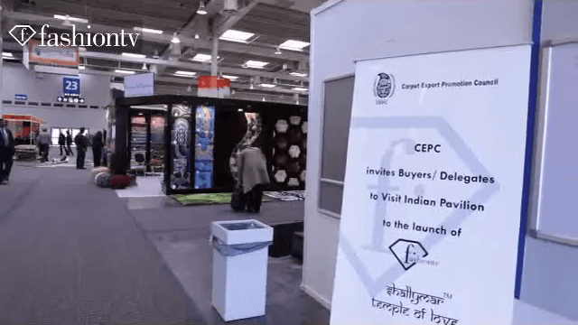 The Carpet Export Promotion Council sign at Domotex 2012, inviting visitors to the launch of Shallymar in the Indian Pavilion