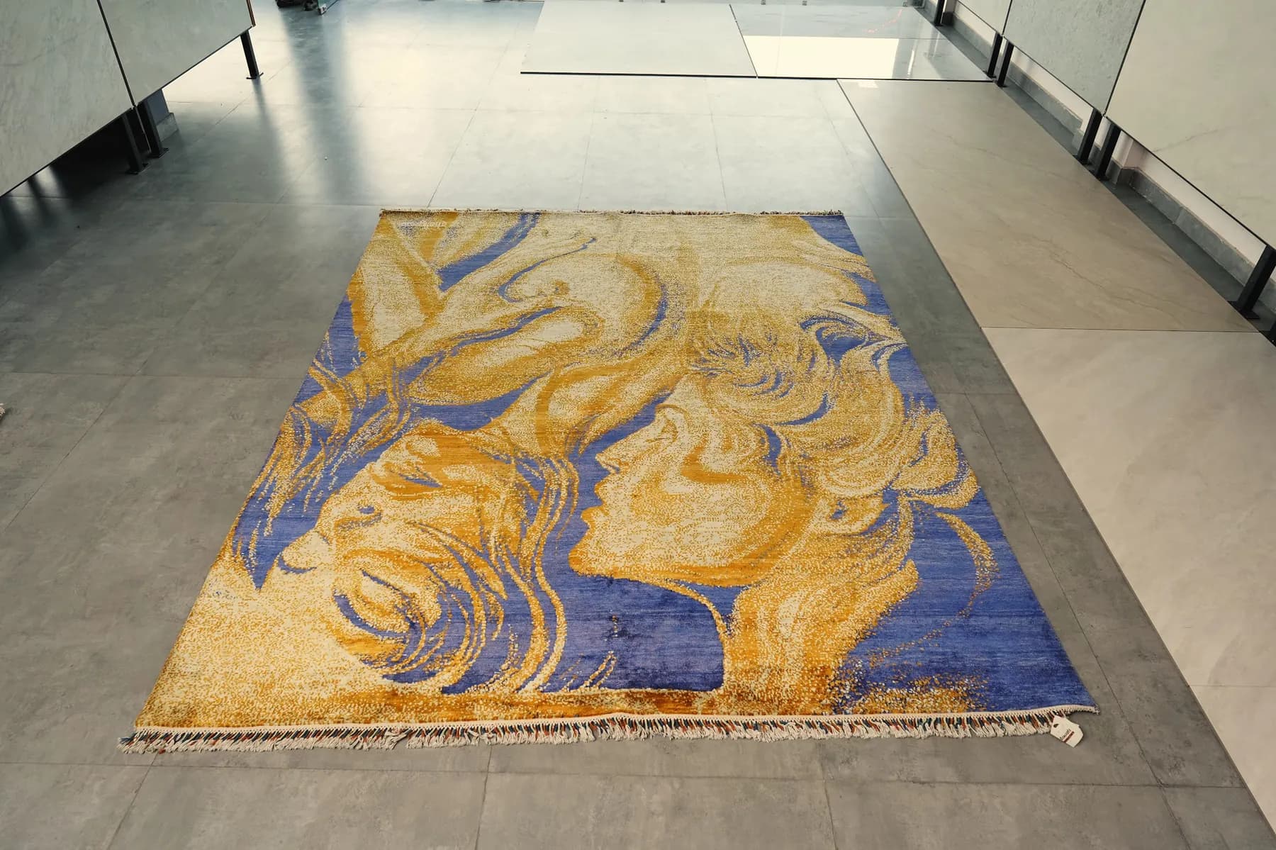 Chumbana, a gold and cobalt Shallymar rug seen close across the pile
