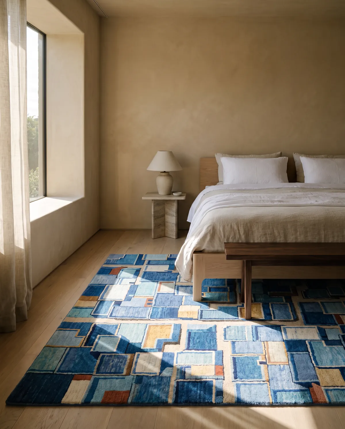 Neel, a rug from the Dharti collection, in a room